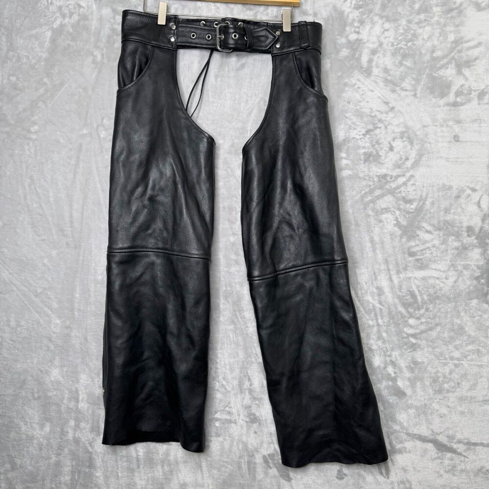 Leather Chaps Mens XS Black Unisex Motorcycle Biker Zip Snap Leg Pockets